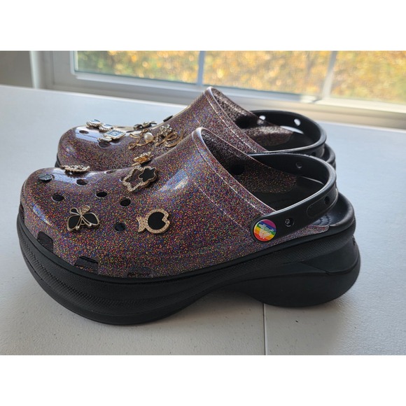 CROCS Shoes - Crocs Bae Platform Glitter Clogs Women's Size 8 with Charms Pride Chunky Vibrant